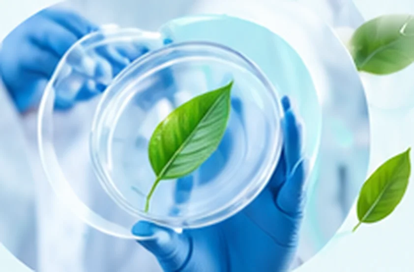 Gloved hands holding a petri dish with a green leaf