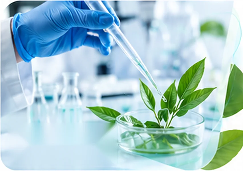 Gloved hand using a pipette over a green plant in a laboratory dish