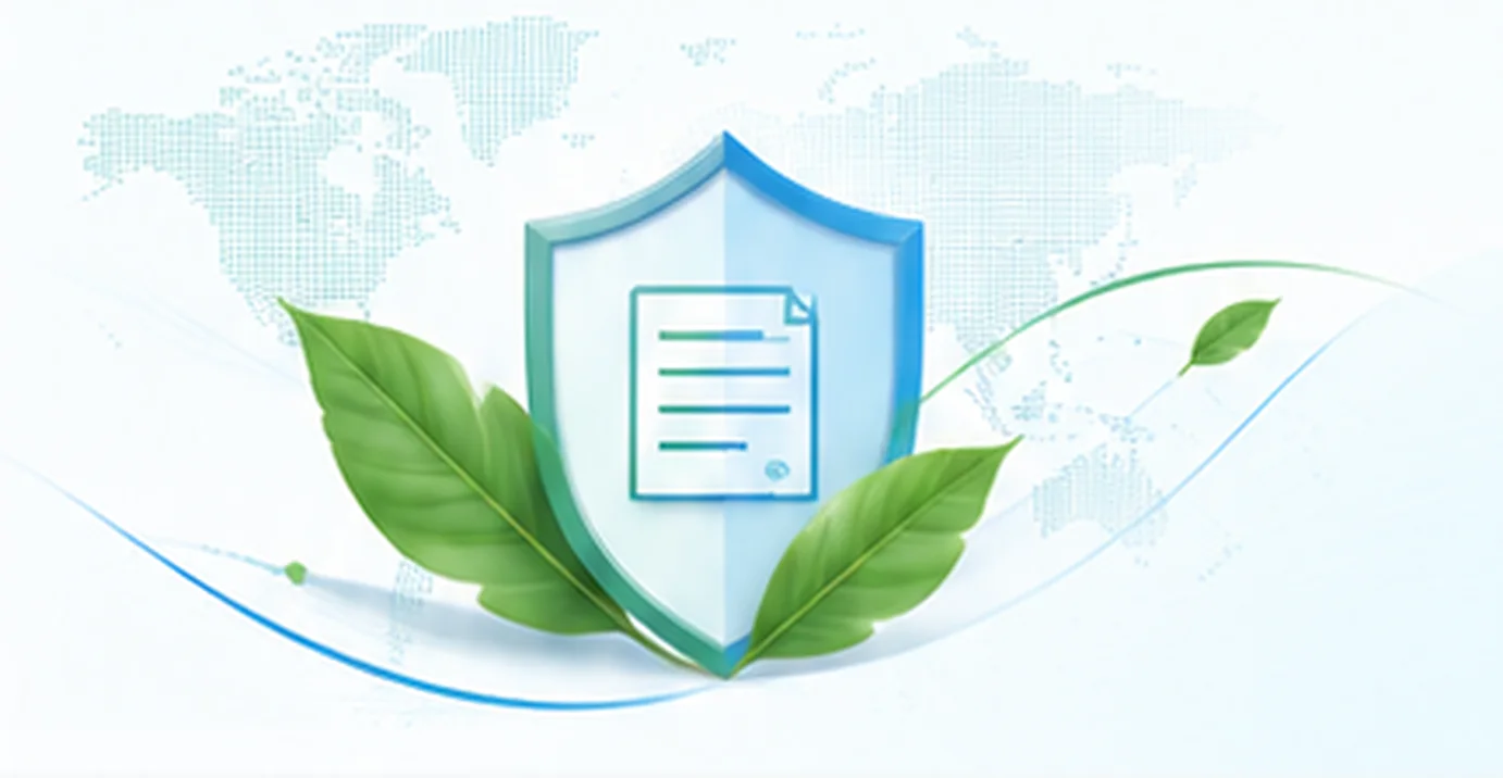 Shield with a document and green leaves over a world map