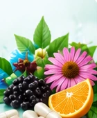 Echinacea flower, elderberries, citrus and supplement capsules