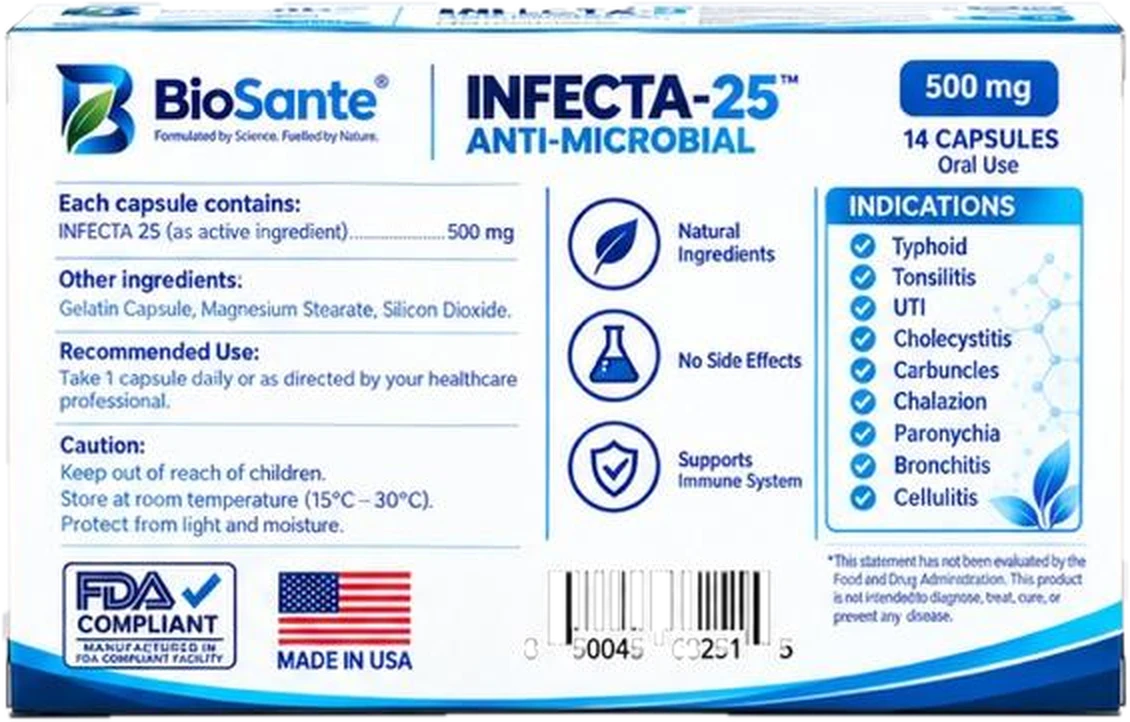 Infecta-25 dietary supplement box, back view