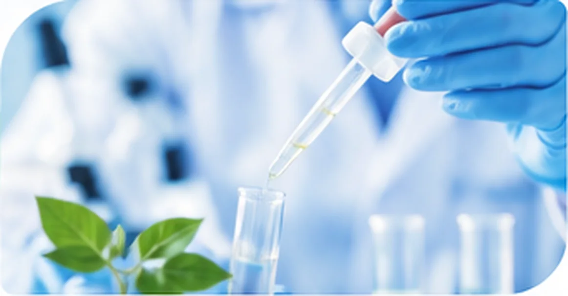 Pipette dropping liquid into a test tube beside a green plant